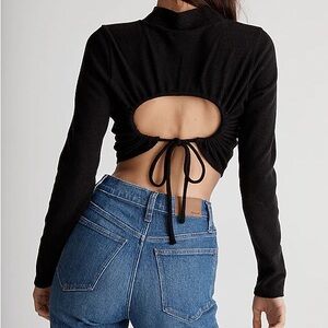 Madewell Ribbed Mockneck Open-Back Long Sleeve Crop Top - Black, small